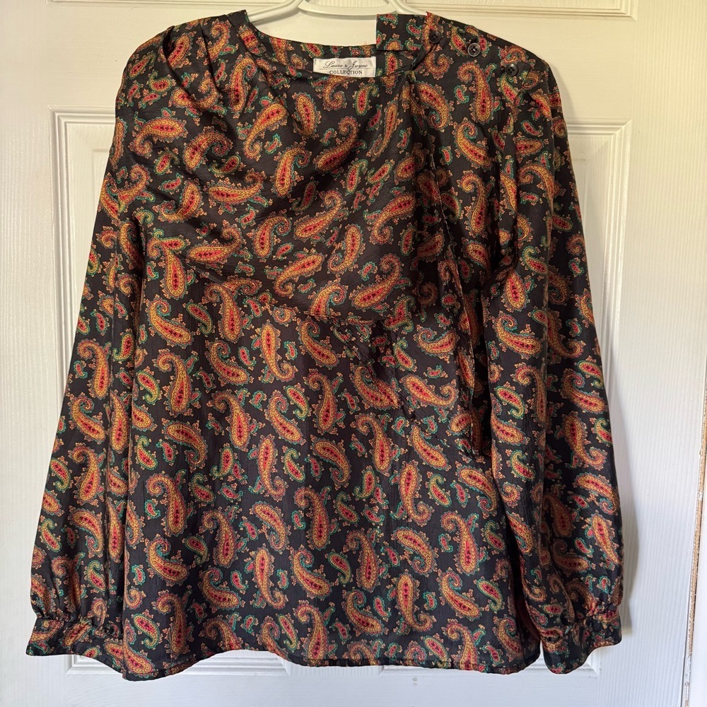 Vintage 90s Paisley Blouse Womens Size 10 Black Long Sleeve Boho EUC
